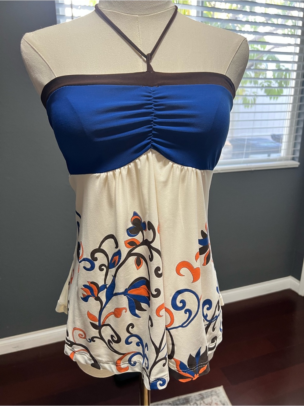 Y2K Strapless Blue and Cream Floral Halter Women’s Top. Size S